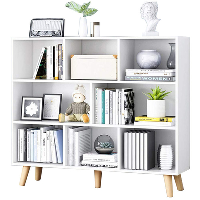 Metal abierto blanco y grada de madera del estante para libros 3 de los estantes de librería con 8 cubos