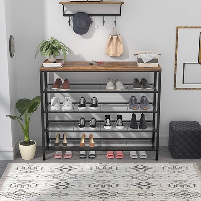 Metal grande rústico de 5 gradas unidad del estante del zapato de 18 pares con el tablero de madera