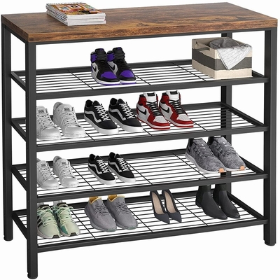 Metal grande rústico de 5 gradas unidad del estante del zapato de 18 pares con el tablero de madera