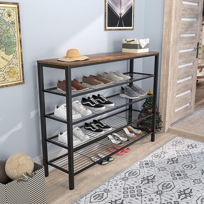 Metal grande rústico de 5 gradas unidad del estante del zapato de 18 pares con el tablero de madera