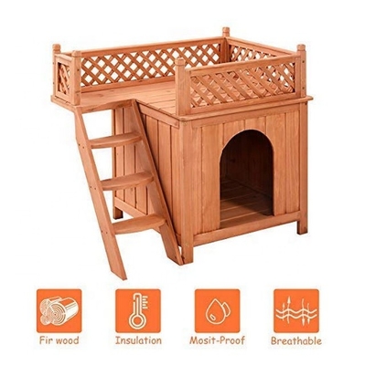 Refugio de madera de la casa del animal doméstico del perro de perrito con al aire libre interior del balcón de las escaleras